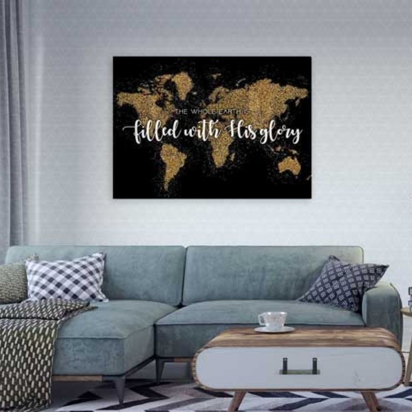 Wandpaneel 'The whole earth is filled with His glory' - wereldkaart zwart - MA11611wp -  Wandpanelen bij MajesticAlly