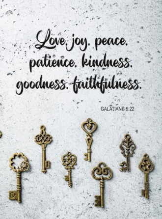 Kaart 'Love, joy, peace, patience, kindness, goodness, faithfulness'