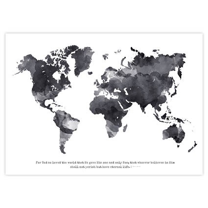 Wandbord A3  'For God so loved the world' wereldkaart zwart-wit - MA11610 -  Wandborden A3 bij MajesticAlly