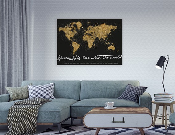 Wandpaneel:  'Share His Love with the world' - wereldkaart zwart - MA11611wp -  Wandpanelen bij MajesticAlly