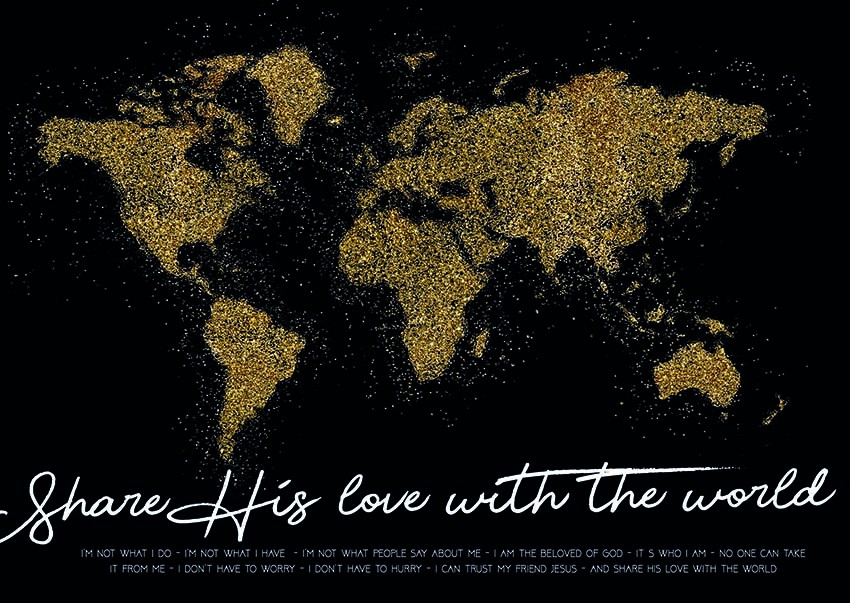 Wandpaneel:  'Share His Love with the world' - wereldkaart zwart - MA11611wp -  Wandpanelen bij MajesticAlly
