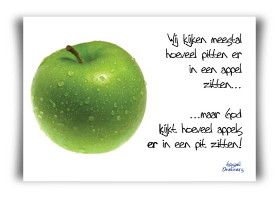 prentbriefkaart 'Wij kijken meestal hoeveel pitten er in een appel zitten'