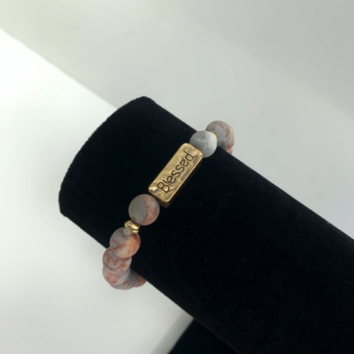 MA47413 - Armband natuursteen - Blessed - rose/grijs gemeleerd