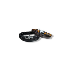 Armband leer/kralen - kruisje