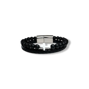 Leren armband kruisje/ kralen S