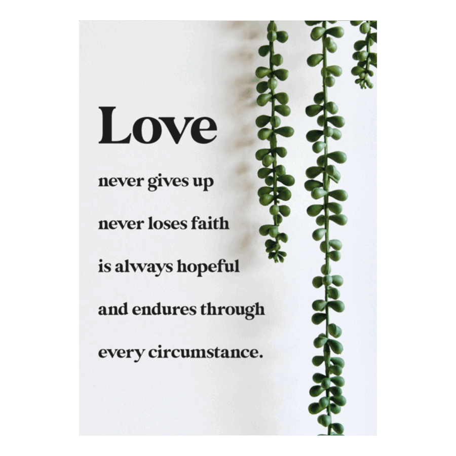 Minikaart 'Love never gives up'